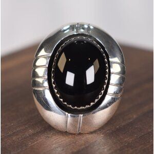 Vintage Navajo Sterling Silver Black Onyx Oval Shadowbox Statement Ring